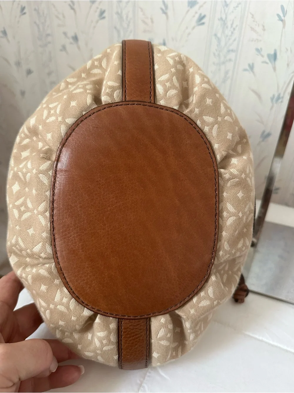 Fossil Beige Patterned Drawstring Bucket Bag with Brown Trim - Picture 10 of 16